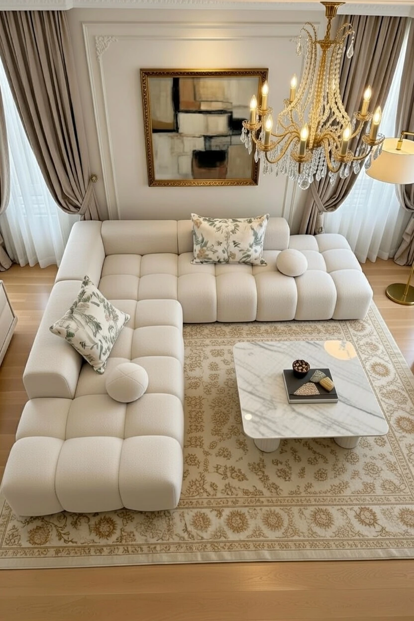 Canapé d'Angle Bouclé Beige Capitonnè Nuage Moderne Luxe | Salon Séjour Haut de Gamme Nador Oriental Maroc