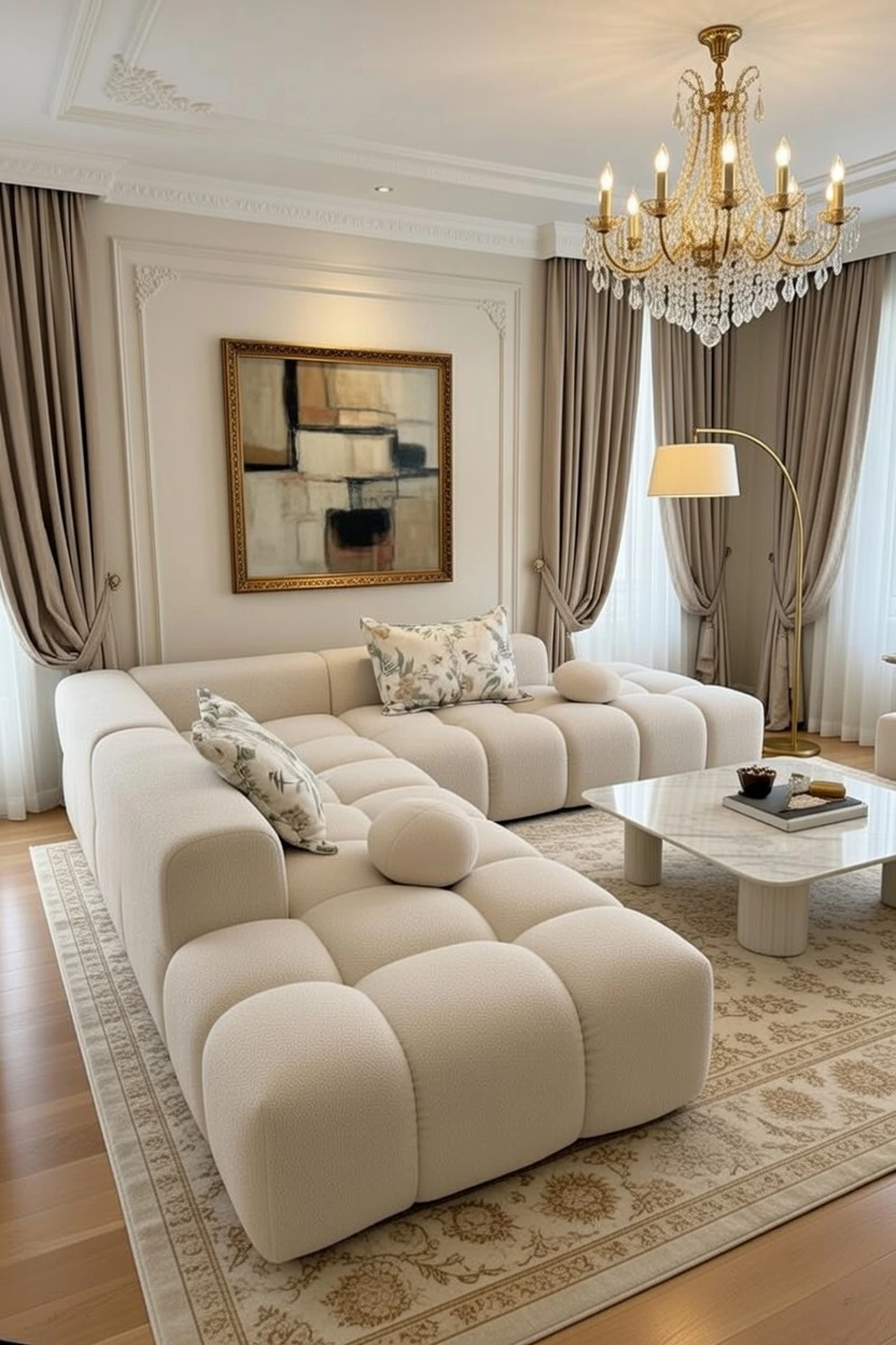 Canapé d'Angle Bouclé Beige Capitonnè Nuage Moderne Luxe | Salon Séjour Haut de Gamme Nador Oriental Maroc