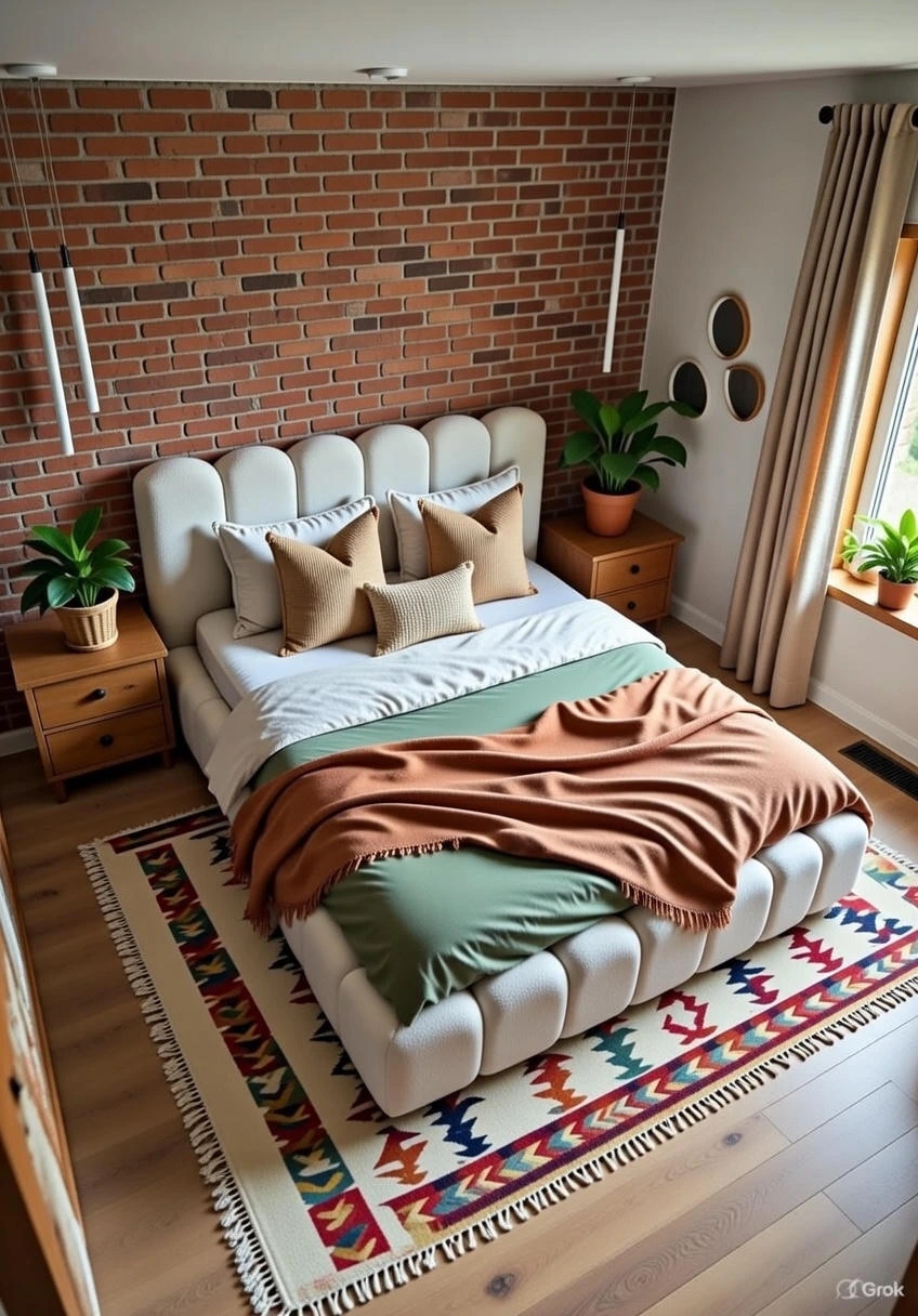 Lit Design Bouclette Beige Crème Courbé Scalloped – Style Boho Moderne Organique avec Couverture Terracotta & Tapis Ethnique – Livraison Nador Oriental Maroc