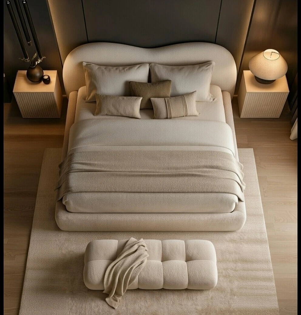 Lit Nuage Bouclé Beige Capitonnè Luxe Moderne | Chambre à Coucher Haut de Gamme 160x200 180x200 Nador Oriental Maroc