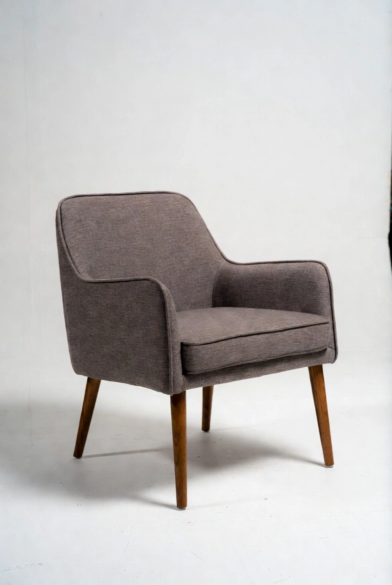 Fauteuil Mid-Century Moderne Gris Taupe Tissu – Pieds Bois Design Élégant à Nador