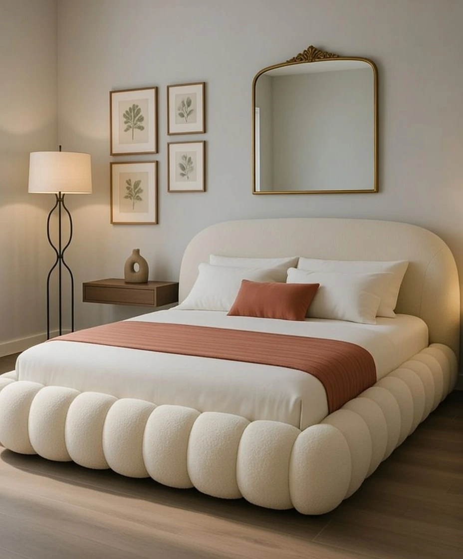 Lit Bubble Nuage Bouclé Crème Beige 160x200 | Lit Capitonnè Boules Design Luxe Moderne Chambre Bohème - Disponible à Nador