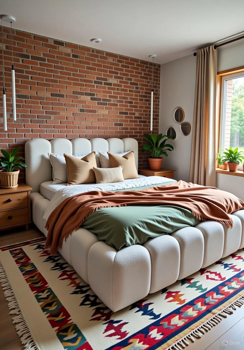 Lit Design Bouclette Beige Crème Courbé Scalloped – Style Boho Moderne Organique avec Couverture Terracotta & Tapis Ethnique – Livraison Nador Oriental Maroc