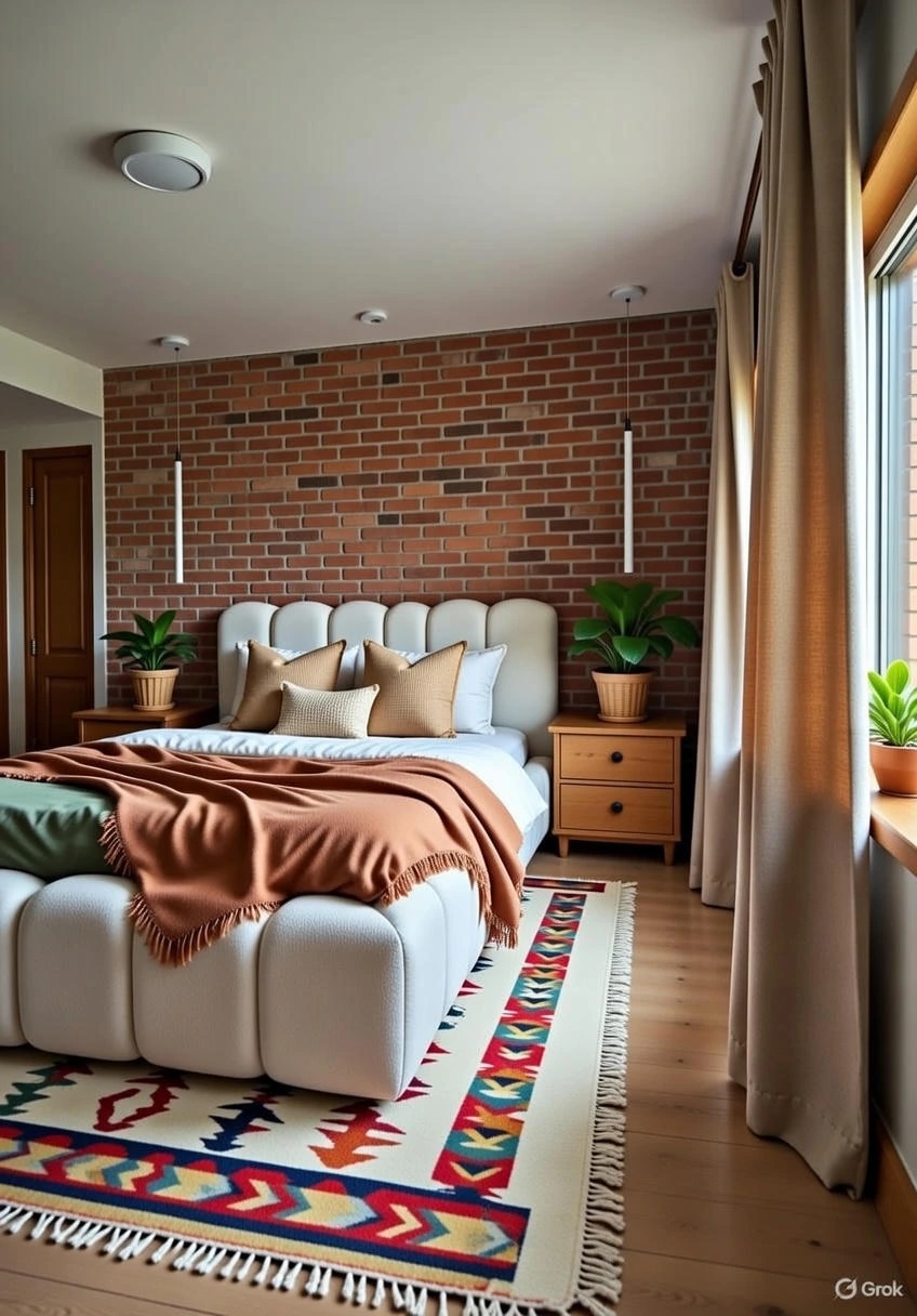 Lit Design Bouclette Beige Crème Courbé Scalloped – Style Boho Moderne Organique avec Couverture Terracotta & Tapis Ethnique – Livraison Nador Oriental Maroc