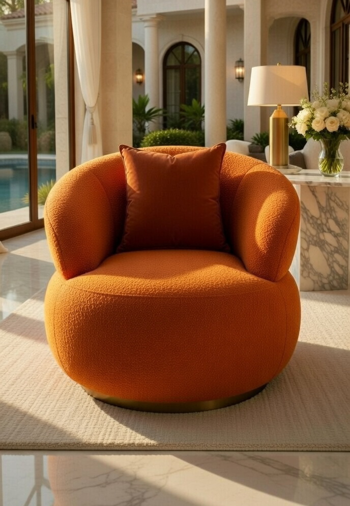 Fauteuil Bouclé Orange Luxe – Jasmine New | Design Moderne pour Villas & Maisons de Luxe à Nador – Région Oriental Maroc