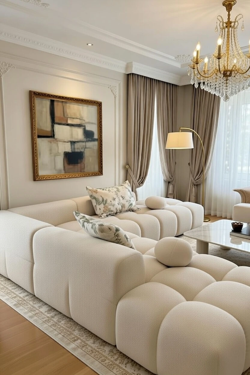 Canapé d'Angle Bouclé Beige Capitonnè Nuage Moderne Luxe | Salon Séjour Haut de Gamme Nador Oriental Maroc