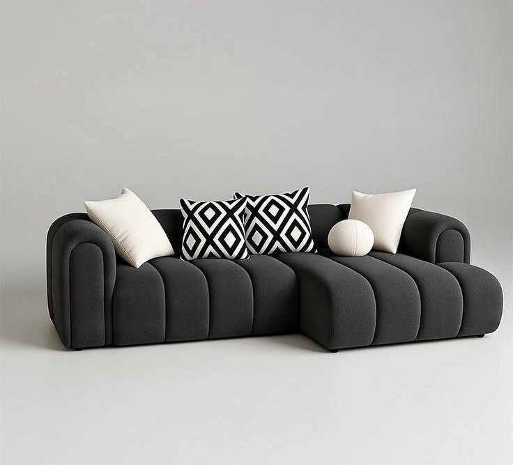 Canapé d'Angle Bouclé Noir Sculptural L-Shape 4-5 Places – Design Modular Wavy Organique Luxe 2026 Nador