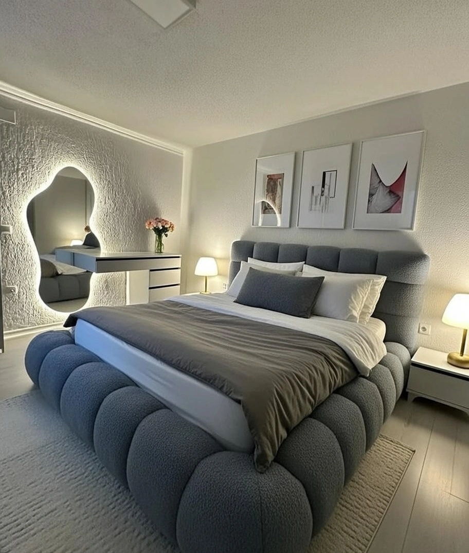 Lit Bouclé Gris Bubble Sculptural King 180×200 – Tête de Lit Canapé Volumétrique Luxe Moderne 2026 Nador