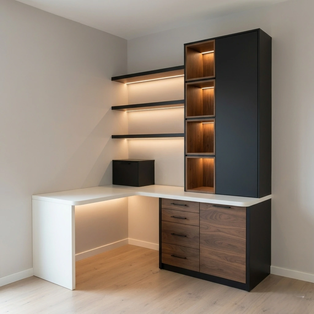 Bureau L-Shaped Moderne MDF Noir et Bois – Design Premium avec Éclairage LED | Nador – Région Oriental