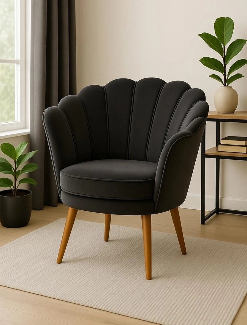 Fauteuil Coquille Noir Velours Scallop Shell – Design Cocooning Luxe 2026 Nador Oriental