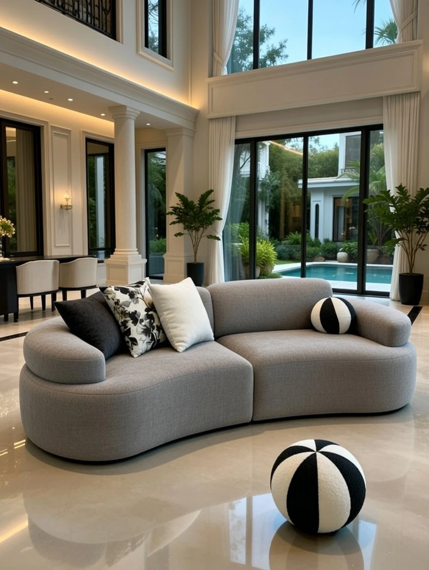 Canapé Courbe Gris Perle — Design Asymétrique Luxe 3 Places | Livraison Nador & Oriental
