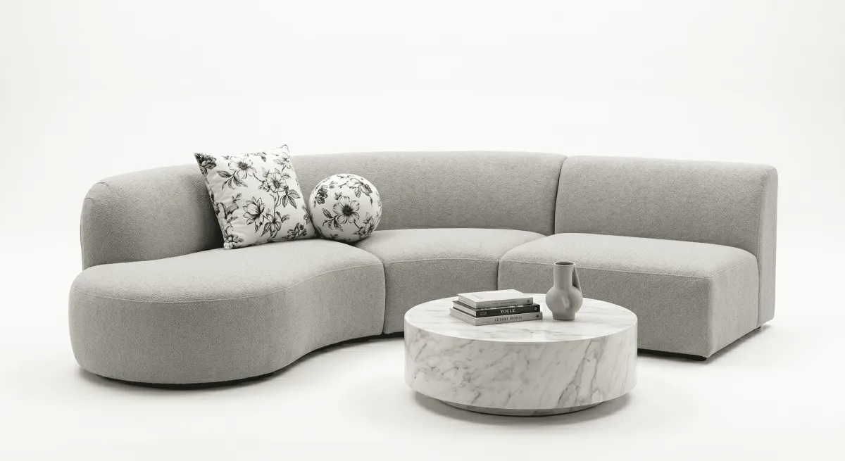 Canapé Courbe Gris Perle Asymétrique — Design Villa Luxe | Livraison Nador & Oriental