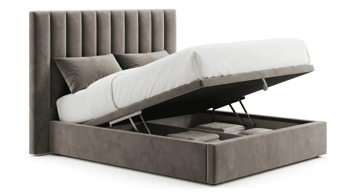 Lit Coffre Taupe Tête Nervurée — Rangement & Design Luxe | Livraison Nador & Oriental