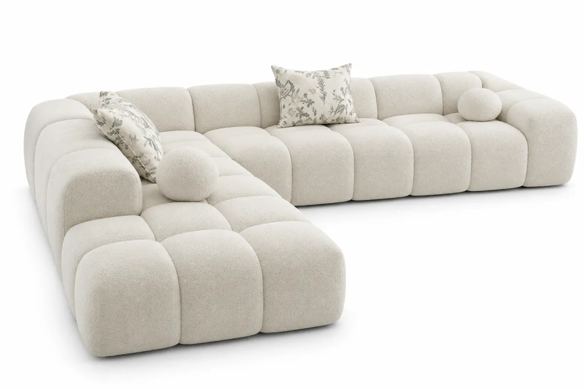 Canapé Angle Bouclé Beige Capitonné