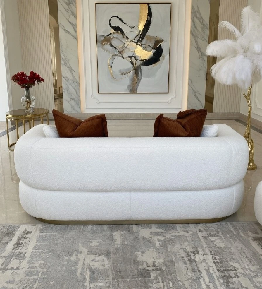 Canapé Boucle Blanc Base Dorée — Design Nuage Luxueux 3 Places | Livraison Nador & Oriental