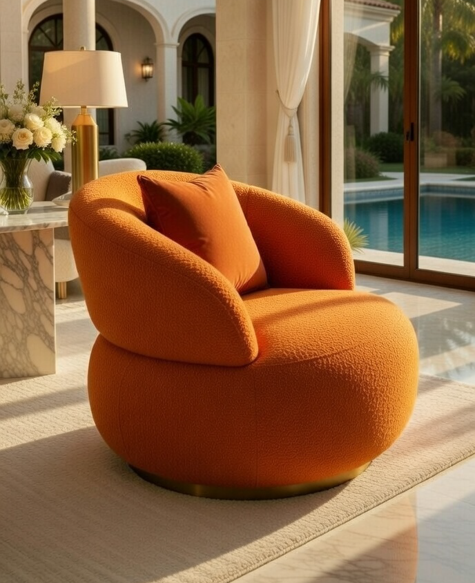 Fauteuil Boucle Orange Luxe — Design Rond Pivotant | Livraison Nador & Oriental