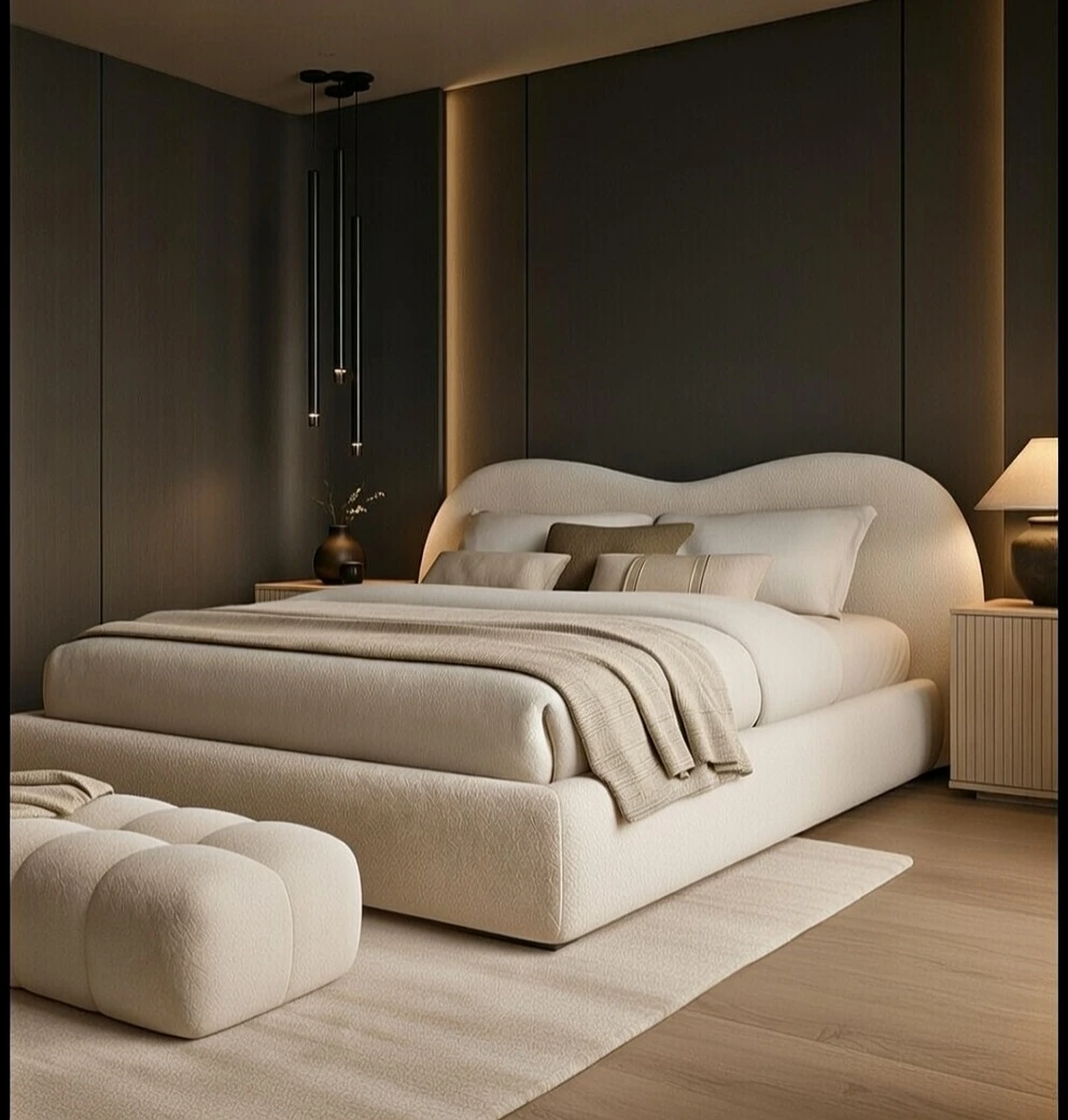Lit Boucle Ivoire Nuage — Tête Organique Arrondie + Banc Assorti | Livraison Nador & Oriental