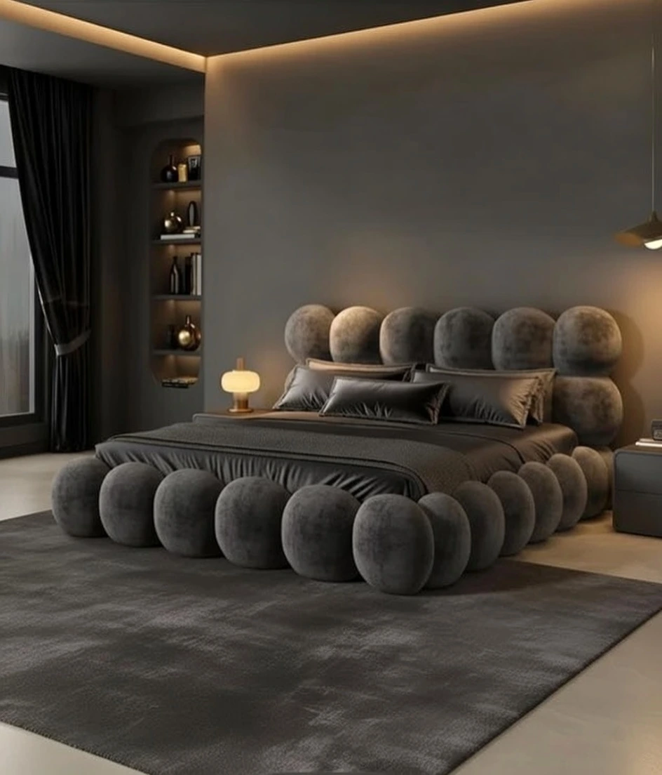 Lit Velours Gris Anthracite Maxi Bubble — Tête & Contour Grandes Boules Luxe | Livraison Nador & Oriental