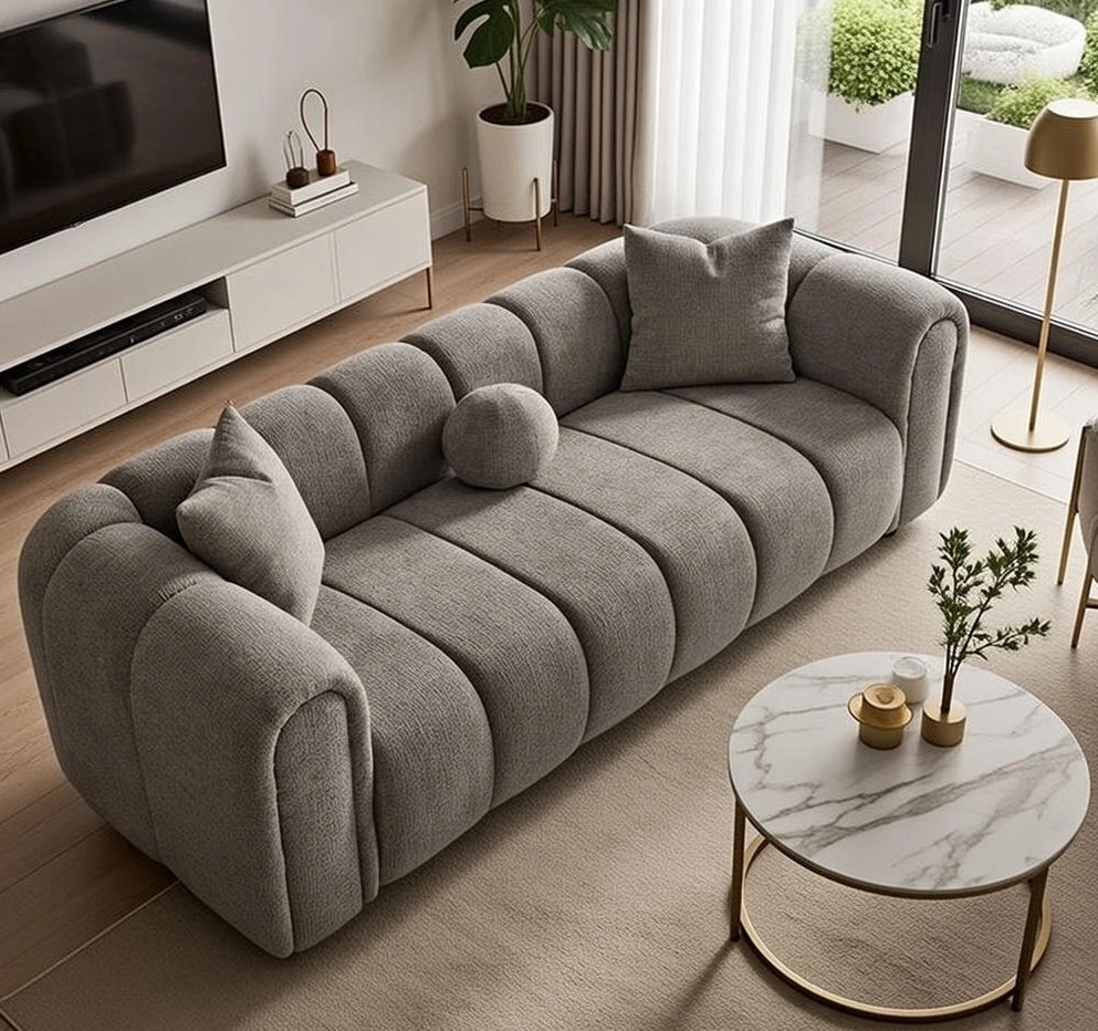 Canapé Boucle Gris Taupe Capitonné Nervuré — Design Cloud Luxe 3 Places | Livraison Nador & Oriental