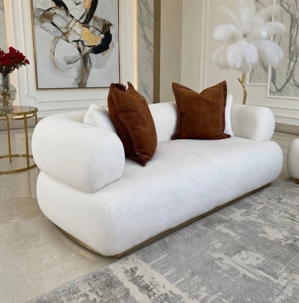 Canapé Boucle Blanc Base Dorée — Design Nuage Luxueux 3 Places | Livraison Nador & Oriental