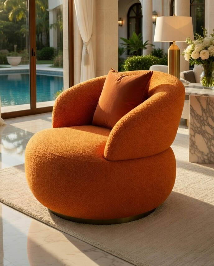 Fauteuil Boucle Orange Luxe — Design Rond Pivotant | Livraison Nador & Oriental