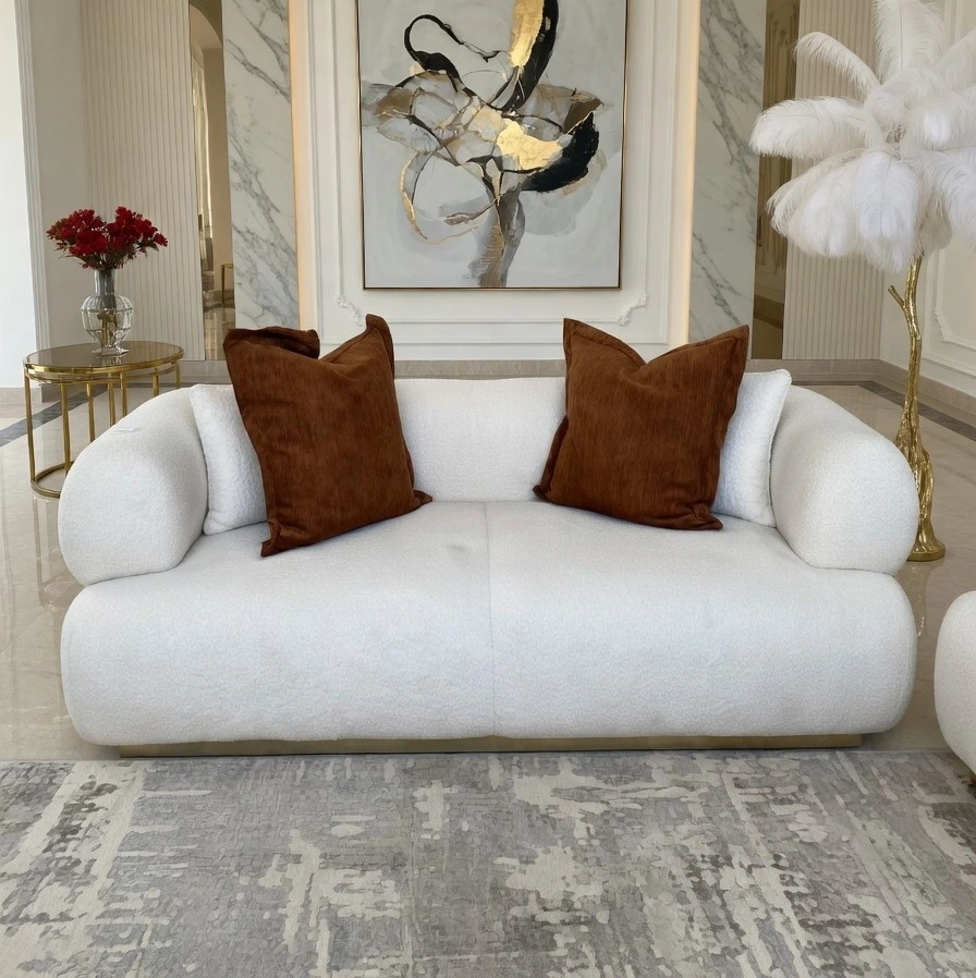 Canapé Boucle Blanc Base Dorée — Design Nuage Luxueux 3 Places | Livraison Nador & Oriental