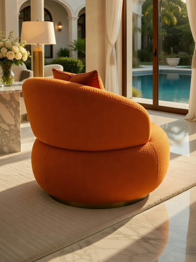 Fauteuil Boucle Orange Luxe — Design Rond Pivotant | Livraison Nador & Oriental