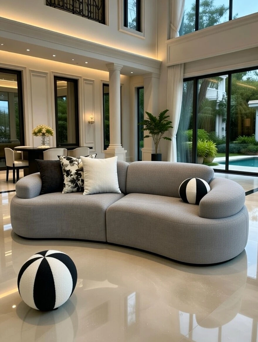 Canapé Courbe Gris Perle — Design Asymétrique Luxe 3 Places | Livraison Nador & Oriental