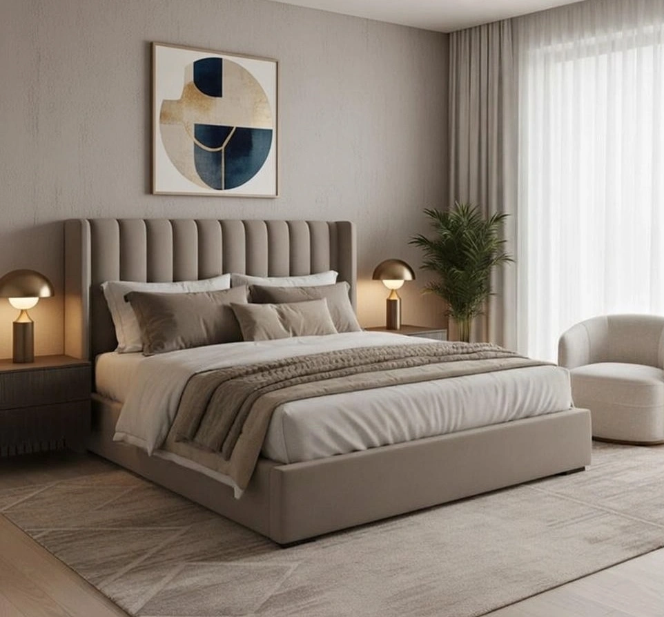 Lit Coffre Taupe Tête de Lit Nervurée — Design Luxe Chambre Moderne | Livraison Nador & Oriental