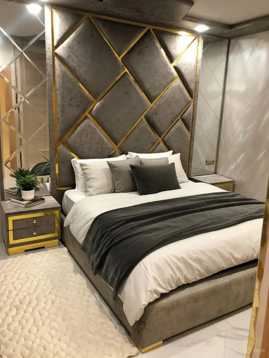 Lit Capitonné Luxe avec Tête de Lit Losange Dorée – 160x200