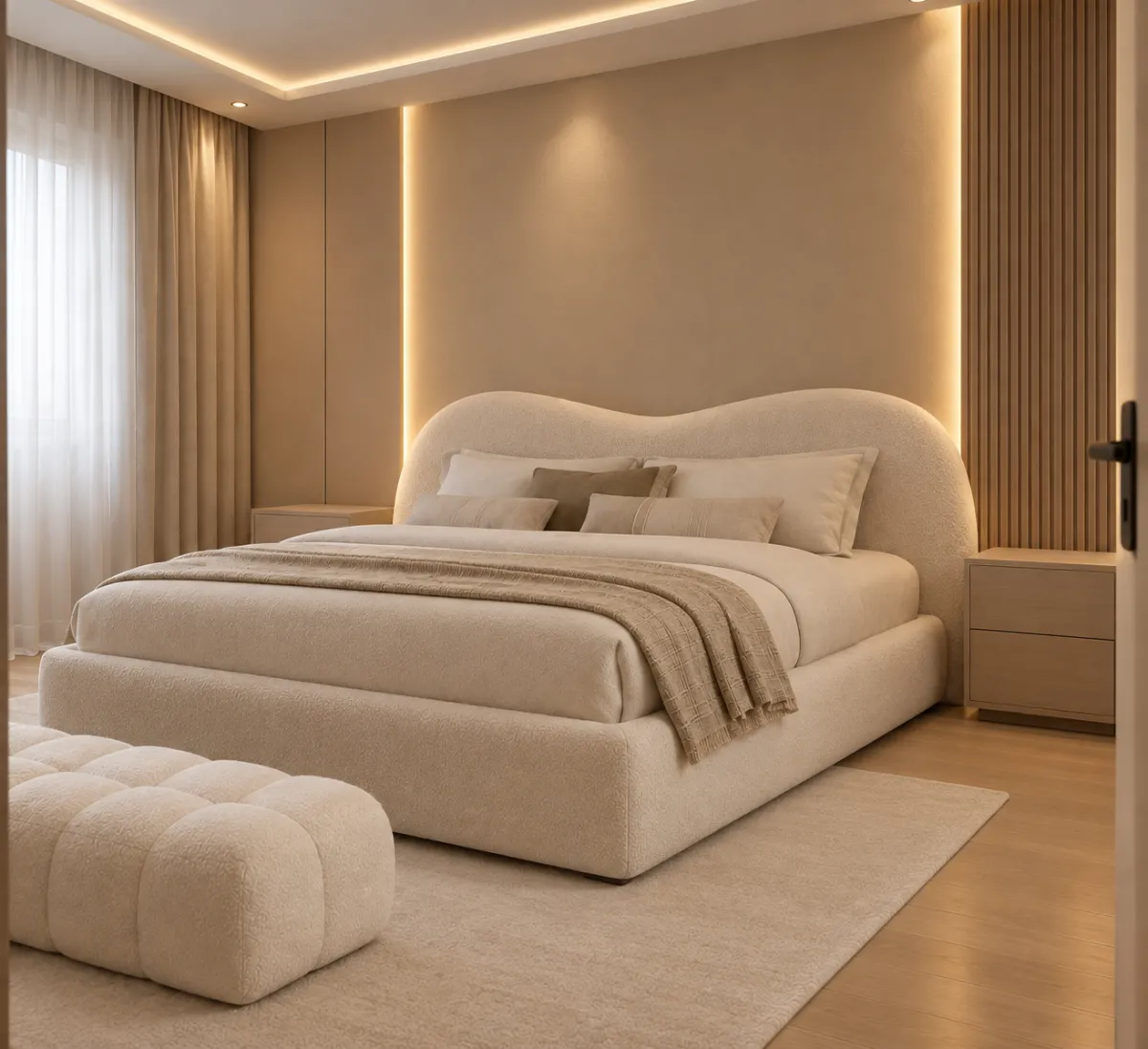 Lit Organique en Bouclette avec Pouf et Rideaux sur Mesure – Nador  Hay el matar